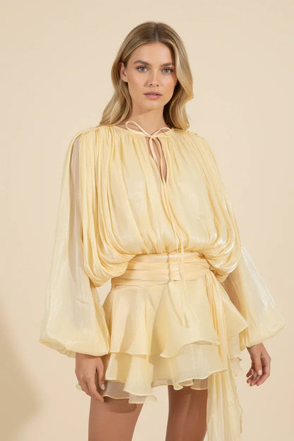 Femme Robe Courte Manches Ballon avec Ceinture et Volants