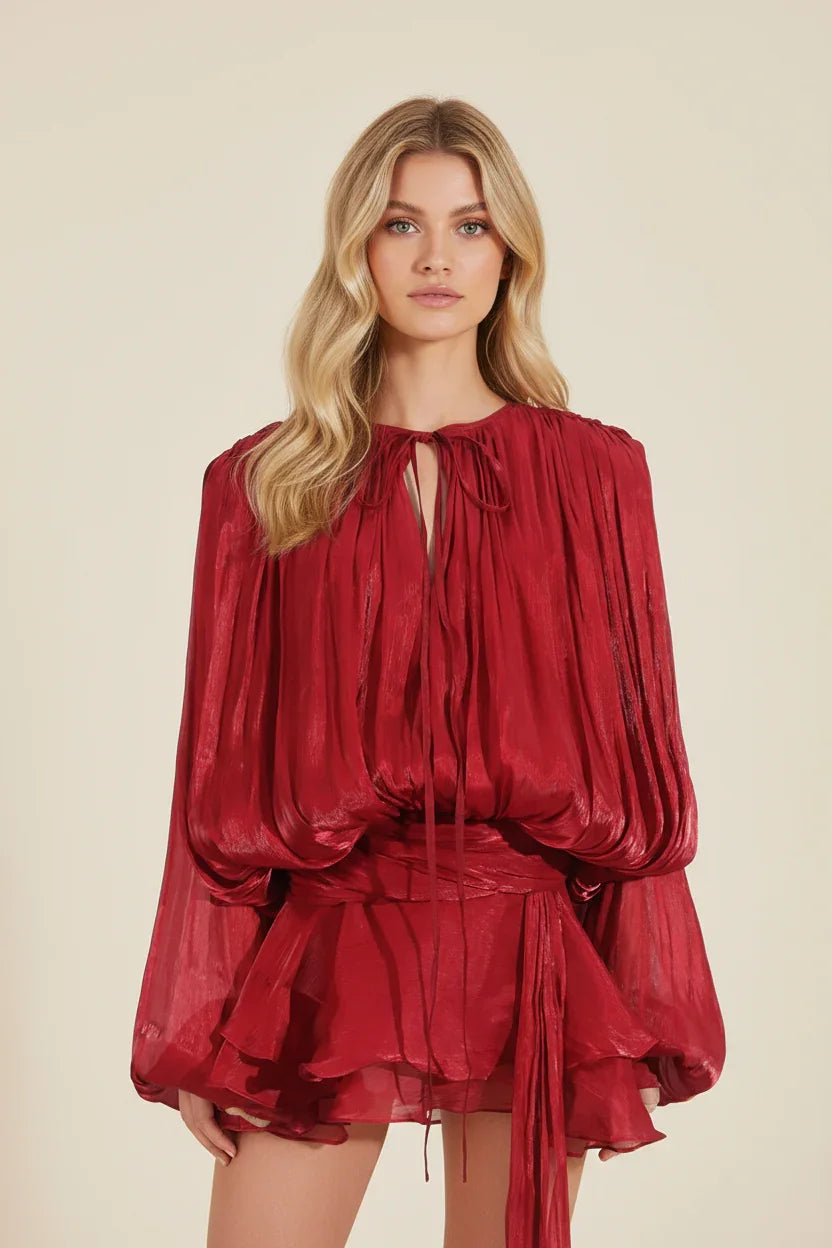Femme Robe Courte Manches Ballon avec Ceinture et Volants