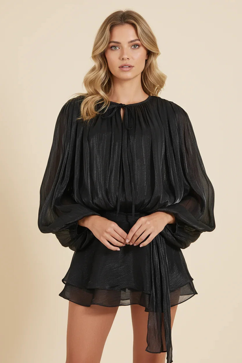Femme Robe Courte Manches Ballon avec Ceinture et Volants