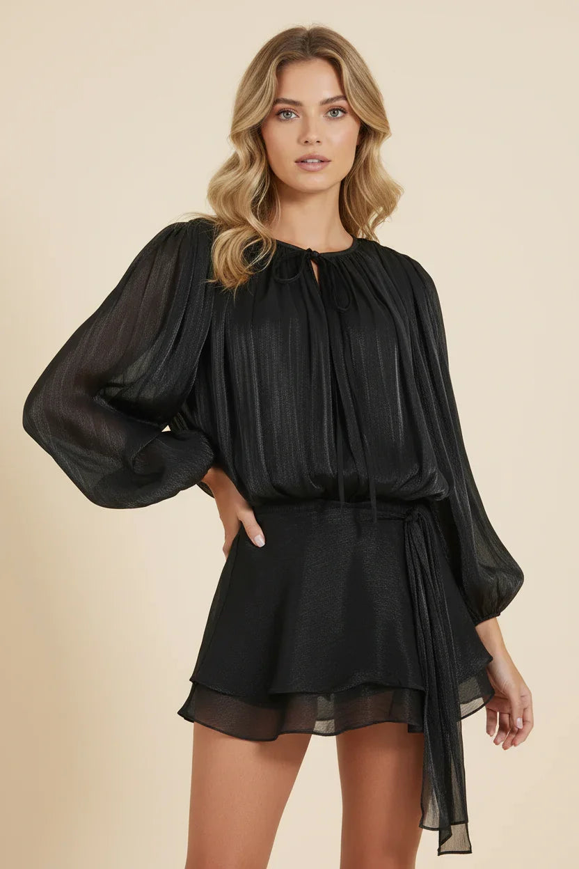 Femme Robe Courte Manches Ballon avec Ceinture et Volants