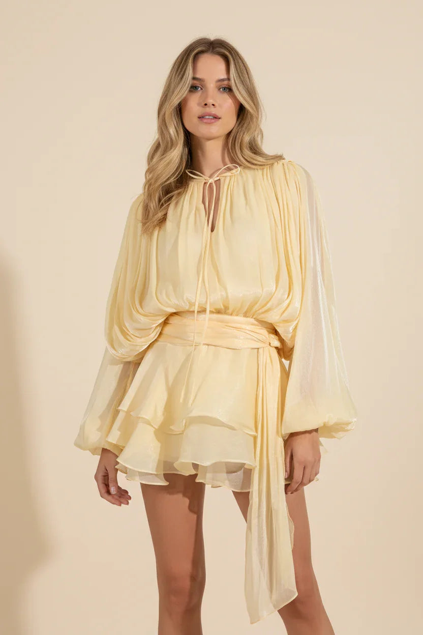 Femme Robe Courte Manches Ballon avec Ceinture et Volants
