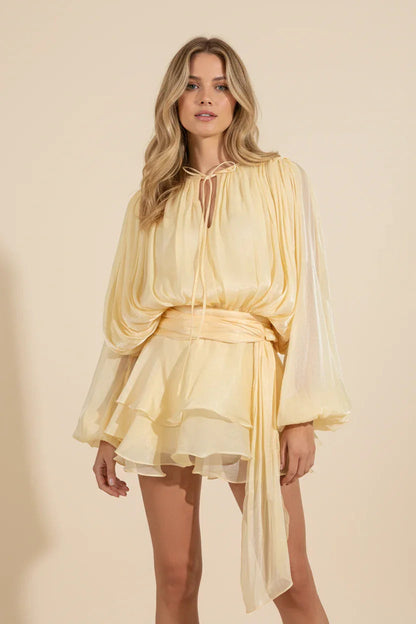 Femme Robe Courte Manches Ballon avec Ceinture et Volants