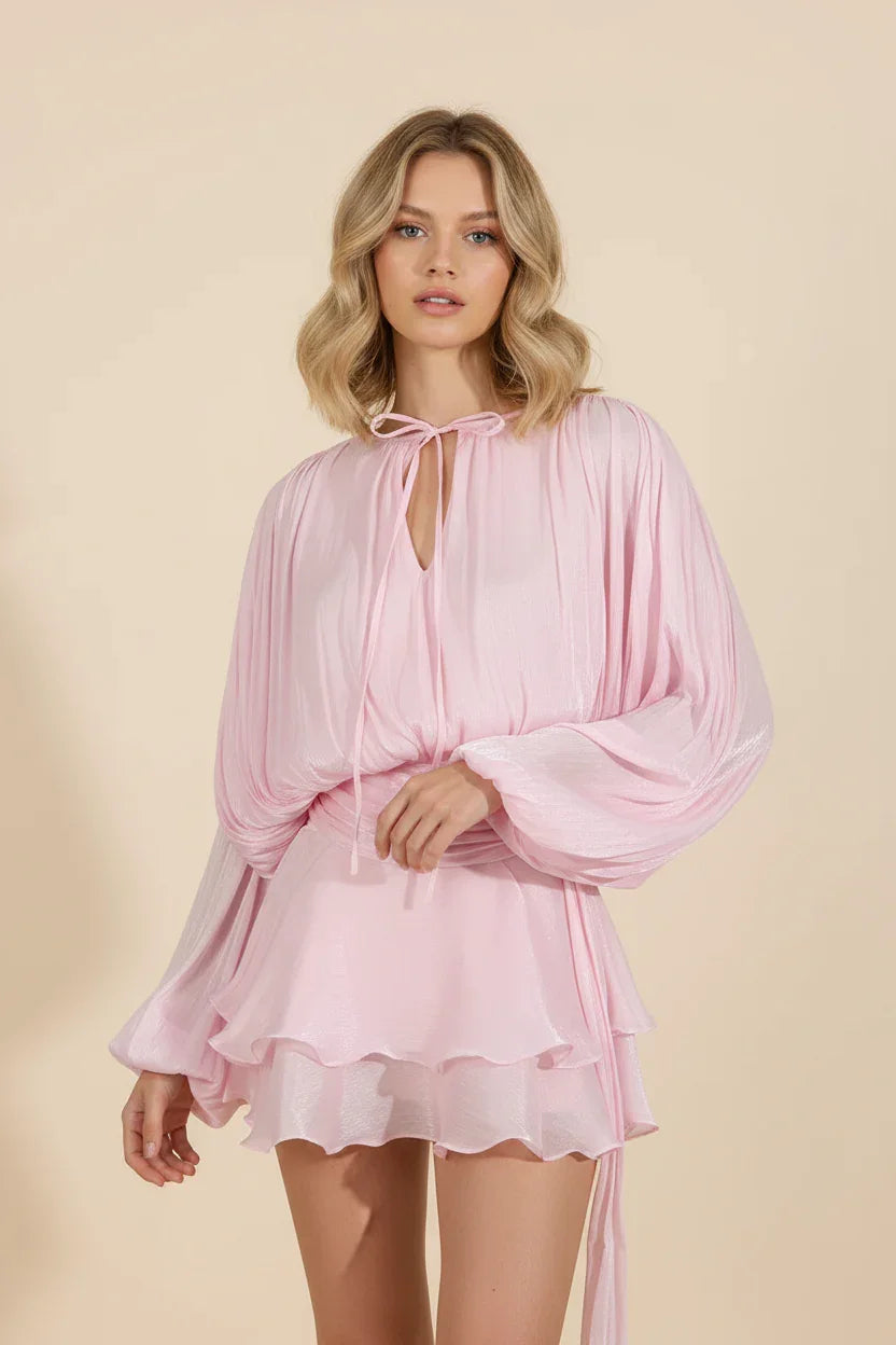 Femme Robe Courte Manches Ballon avec Ceinture et Volants