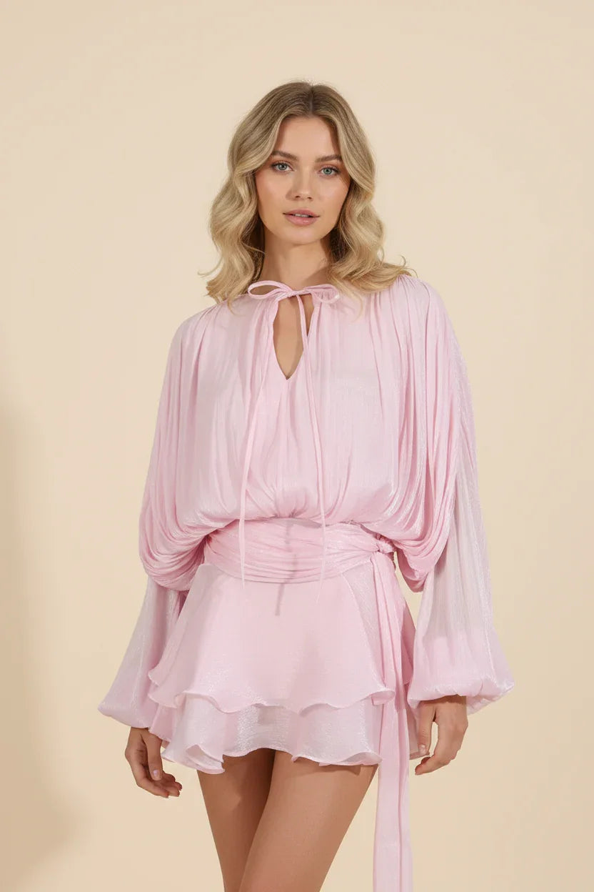 Femme Robe Courte Manches Ballon avec Ceinture et Volants