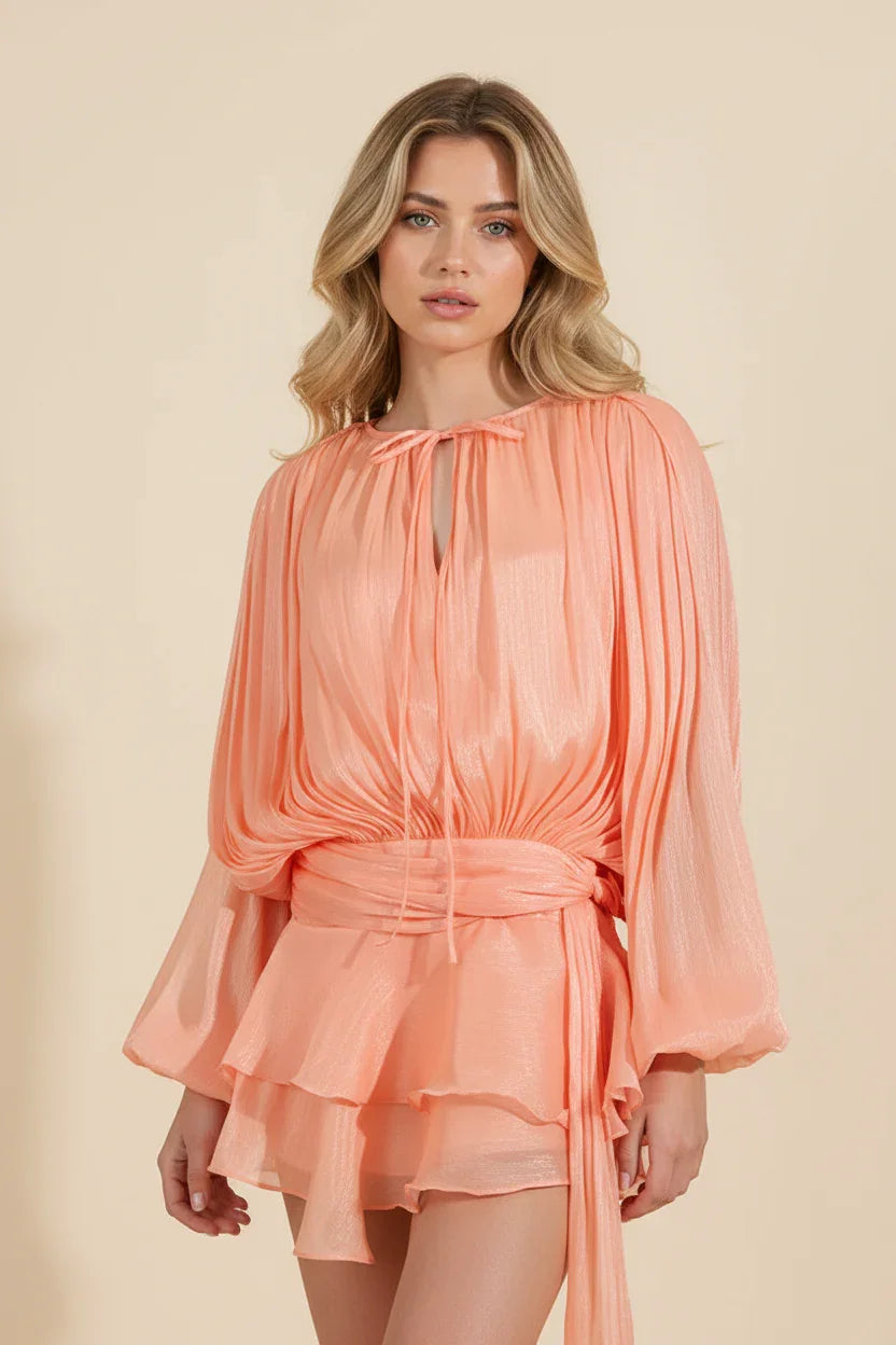 Femme Robe Courte Manches Ballon avec Ceinture et Volants