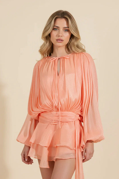 Femme Robe Courte Manches Ballon avec Ceinture et Volants