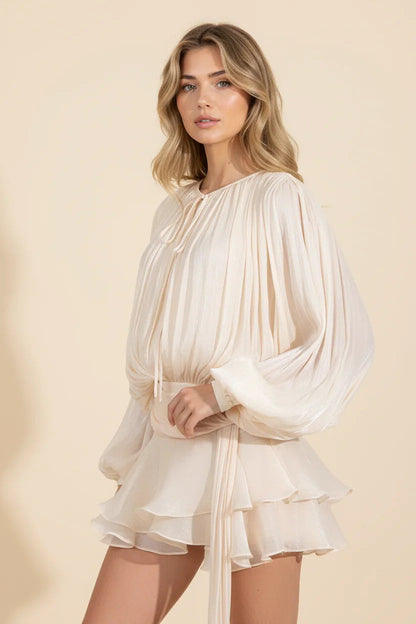 Femme Robe Courte Manches Ballon avec Ceinture et Volants
