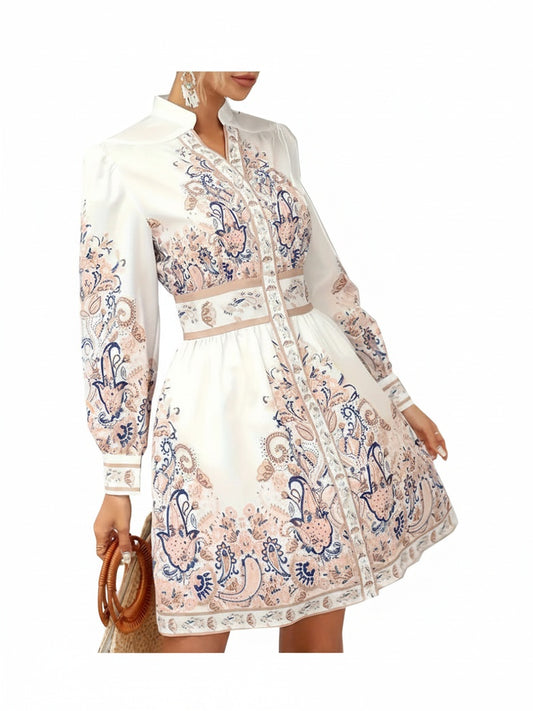 Femme Robe Courte Manches Longues à Imprimé Paisley avec Col Officier et Boutonnage
