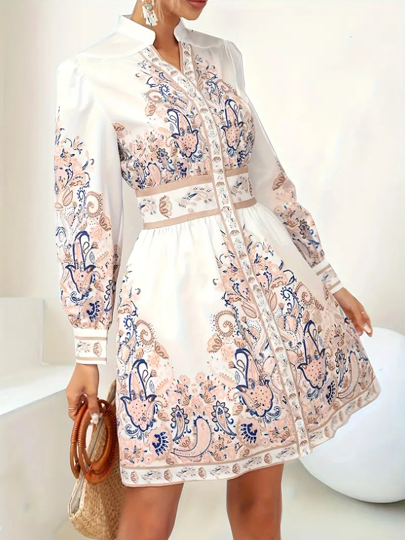 Femme Robe Courte Manches Longues à Imprimé Paisley avec Col Officier et Boutonnage