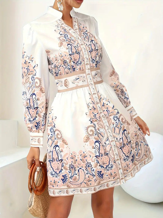 Femme Robe Courte Manches Longues à Imprimé Paisley avec Col Officier et Boutonnage