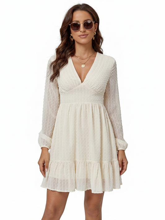 Femme Robe Courte Manches Longues avec Col en V et Volants