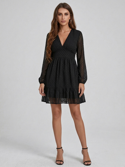 Femme Robe Courte Manches Longues avec Col en V et Volants