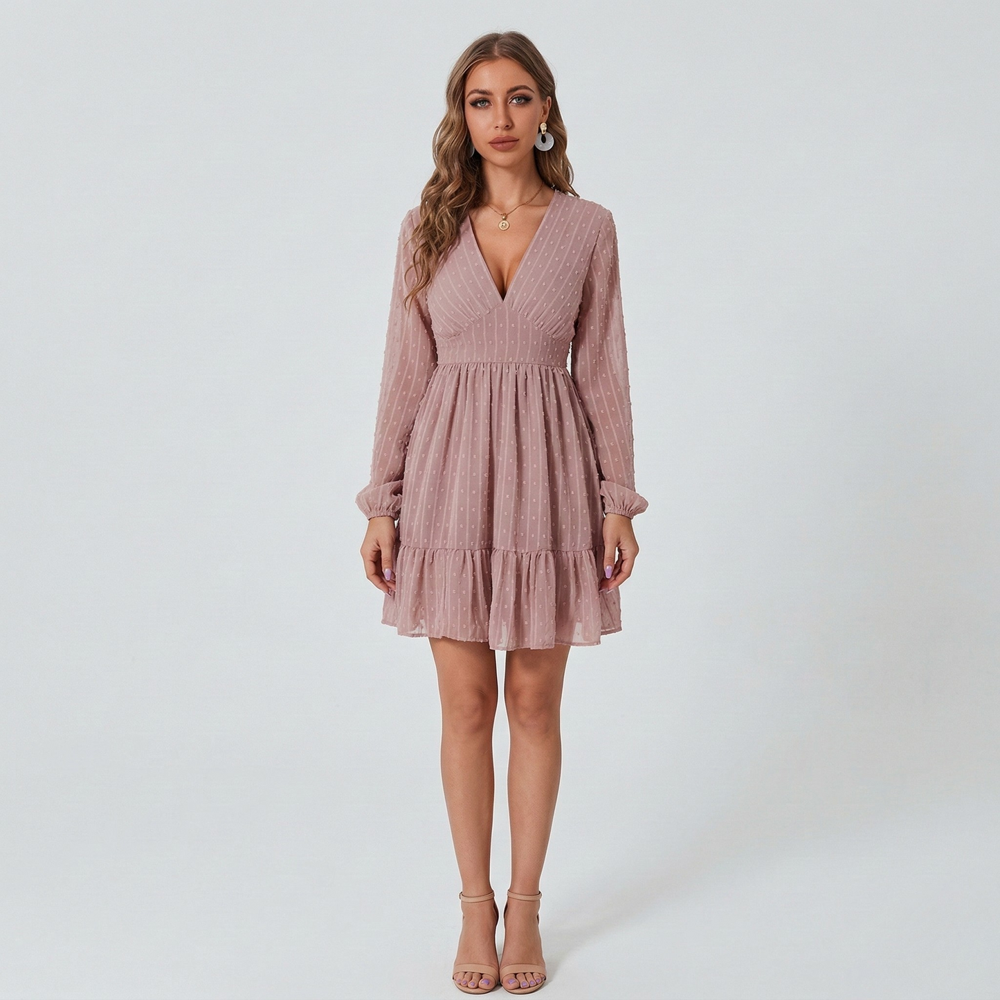 Femme Robe Courte Manches Longues avec Col en V et Volants