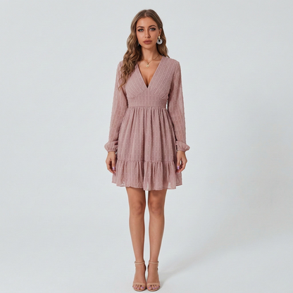 Femme Robe Courte Manches Longues avec Col en V et Volants