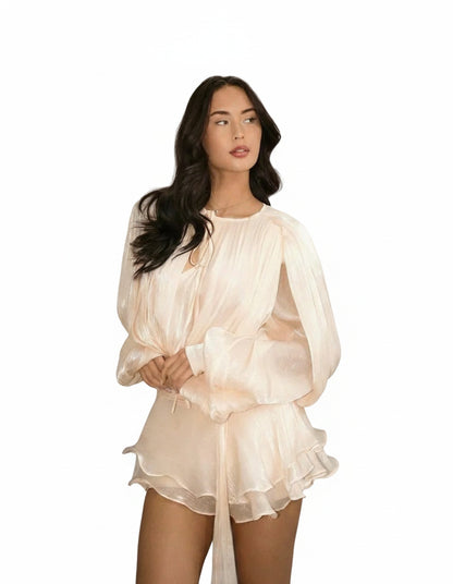 Femme Robe Courte Plissée à Manches Bouffantes et Ceinture