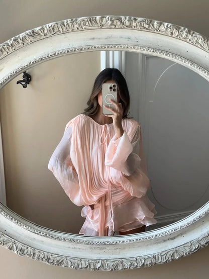 Femme Robe Courte Plissée à Manches Bouffantes et Ceinture