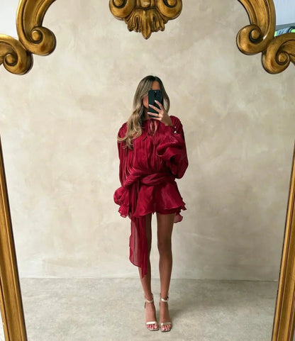Femme Robe Courte Plissée à Manches Bouffantes et Ceinture