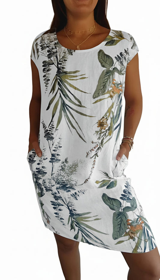 Femme Robe Courte sans Manches à Col Rond et Imprimé Tropical avec Poches
