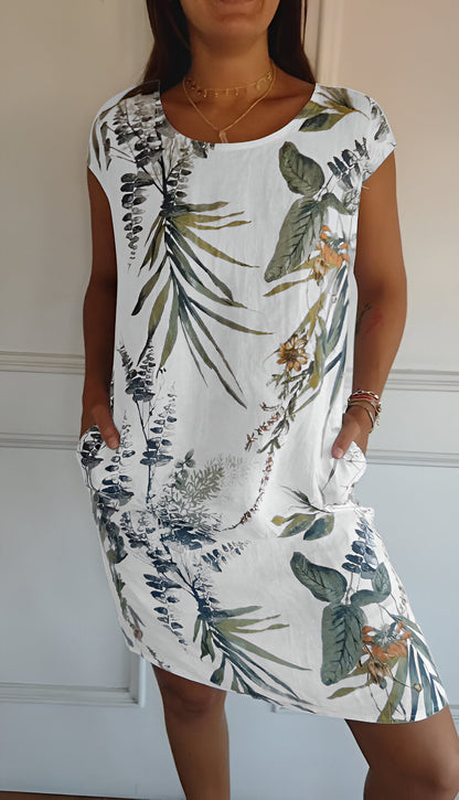 Femme Robe Courte sans Manches à Col Rond et Imprimé Tropical avec Poches