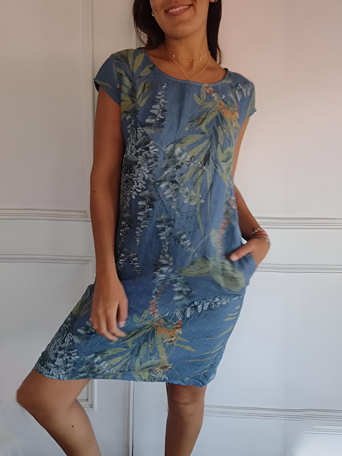 Femme Robe Courte sans Manches à Col Rond et Imprimé Tropical avec Poches