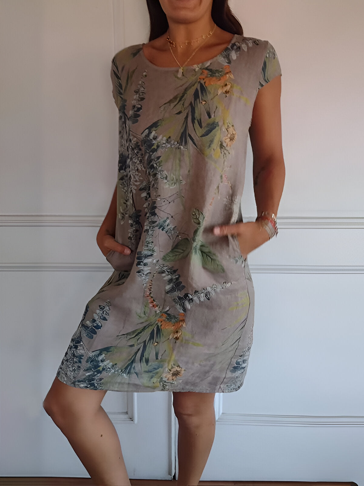 Femme Robe Courte sans Manches à Col Rond et Imprimé Tropical avec Poches