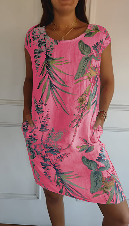 Femme Robe Courte sans Manches à Col Rond et Imprimé Tropical avec Poches