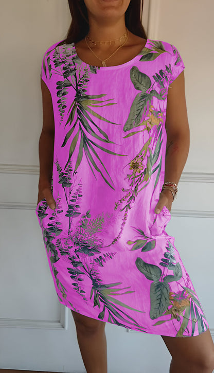 Femme Robe Courte sans Manches à Col Rond et Imprimé Tropical avec Poches
