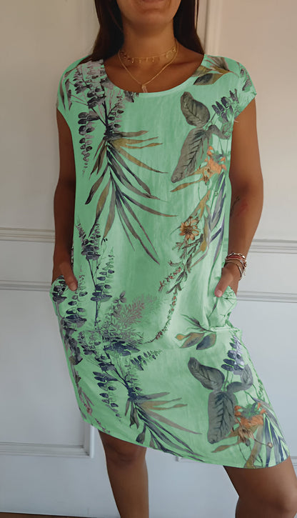Femme Robe Courte sans Manches à Col Rond et Imprimé Tropical avec Poches