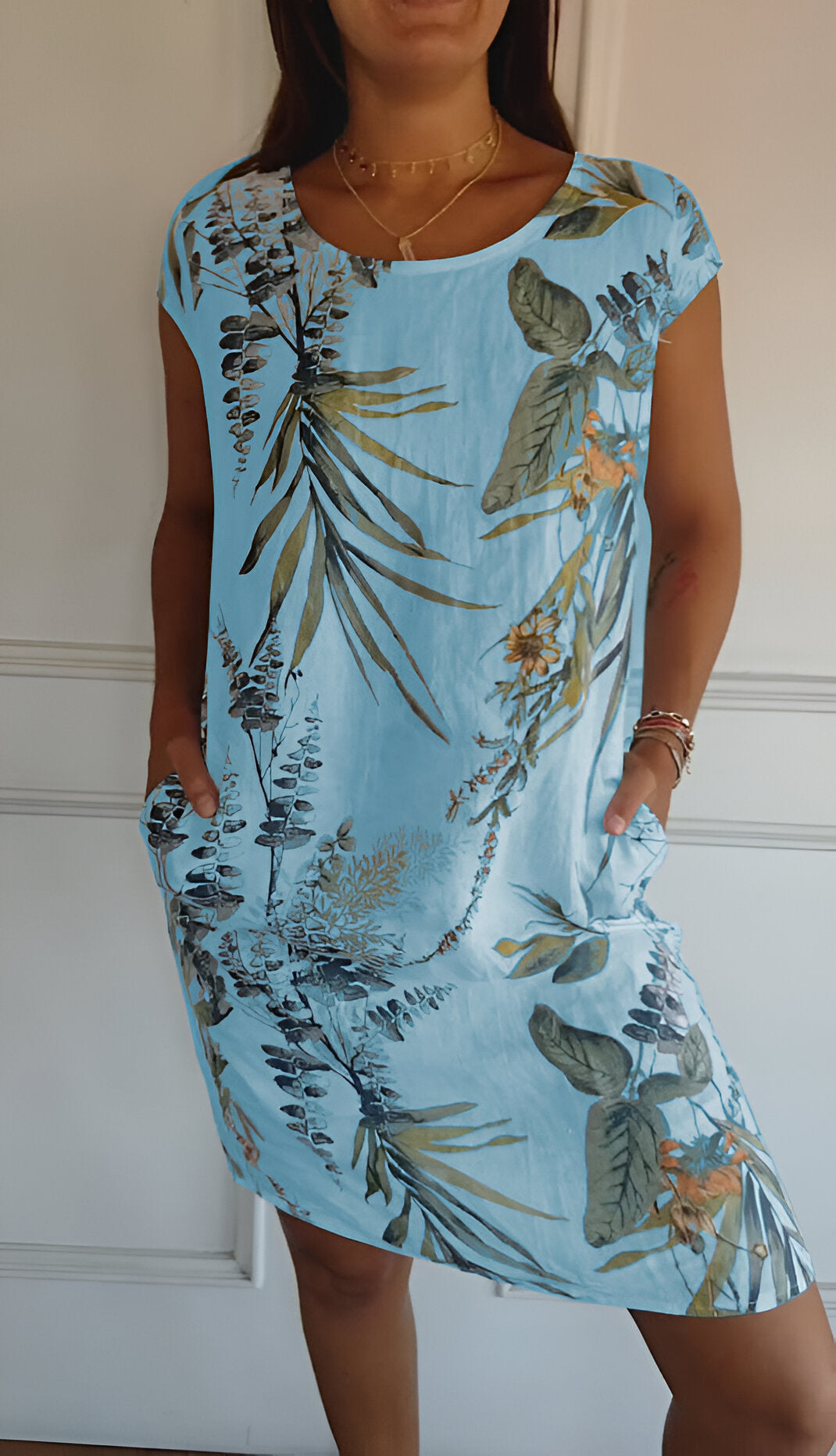 Femme Robe Courte sans Manches à Col Rond et Imprimé Tropical avec Poches