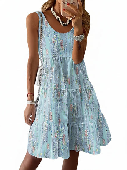 Femme Robe Courte sans Manches à Imprimé Fleuri et Volants