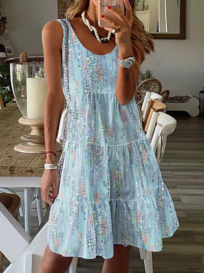 Femme Robe Courte sans Manches à Imprimé Fleuri et Volants