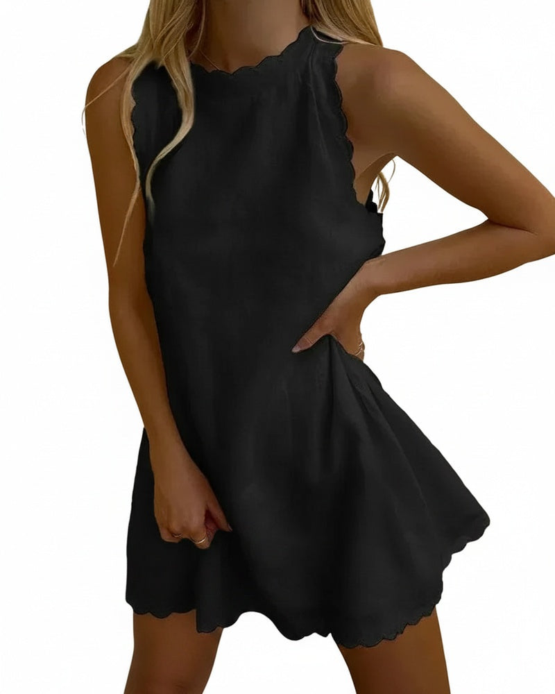 Femme Robe Courte Sans Manches avec Encolure et Ourlet Festonnés