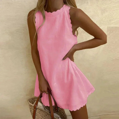 Femme Robe Courte Sans Manches avec Encolure et Ourlet Festonnés