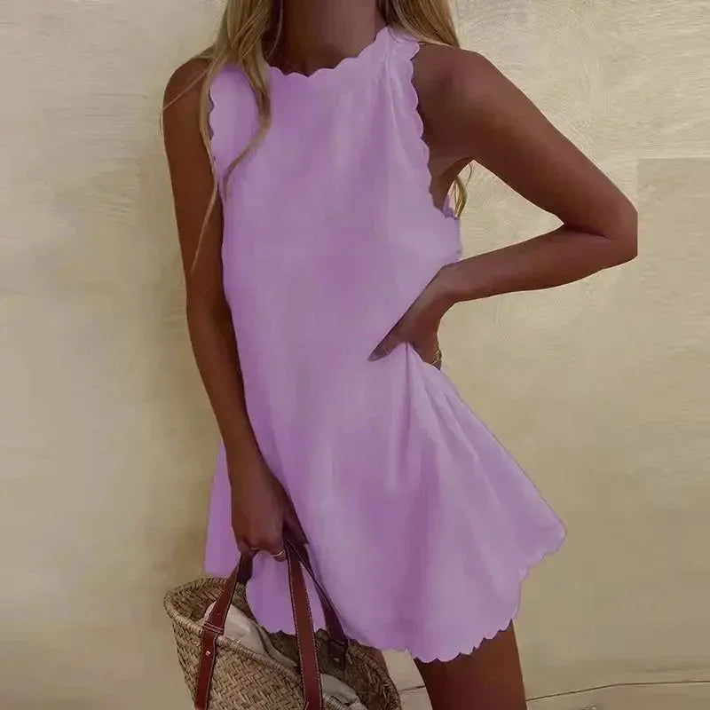Femme Robe Courte Sans Manches avec Encolure et Ourlet Festonnés