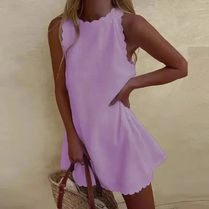 Femme Robe Courte Sans Manches avec Encolure et Ourlet Festonnés