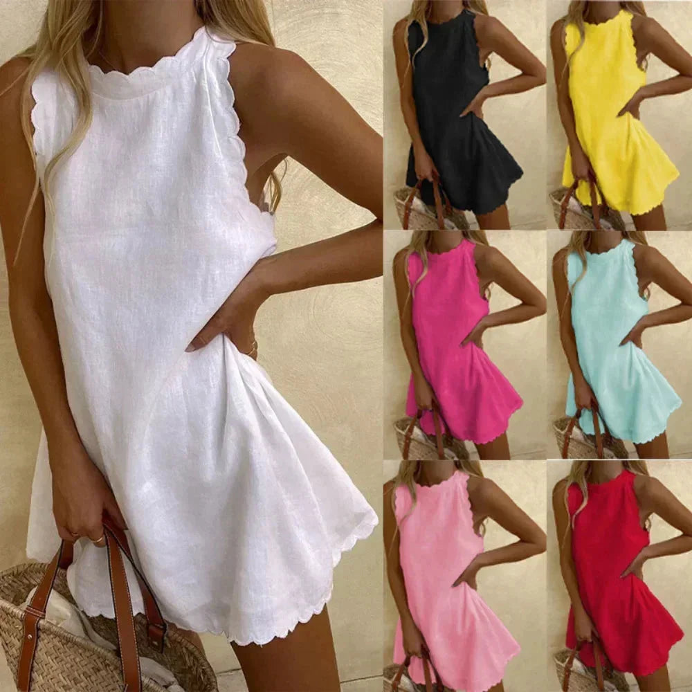 Femme Robe Courte Sans Manches avec Encolure et Ourlet Festonnés