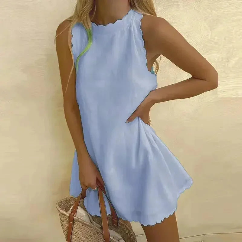Femme Robe Courte Sans Manches avec Encolure et Ourlet Festonnés