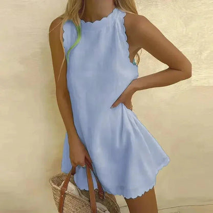 Femme Robe Courte Sans Manches avec Encolure et Ourlet Festonnés
