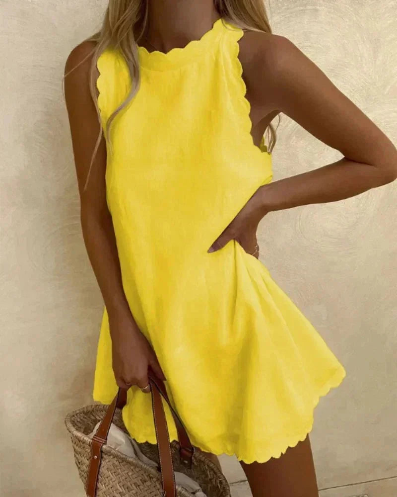 Femme Robe Courte Sans Manches avec Encolure et Ourlet Festonnés