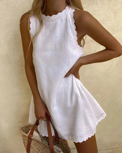 Femme Robe Courte Sans Manches avec Encolure et Ourlet Festonnés