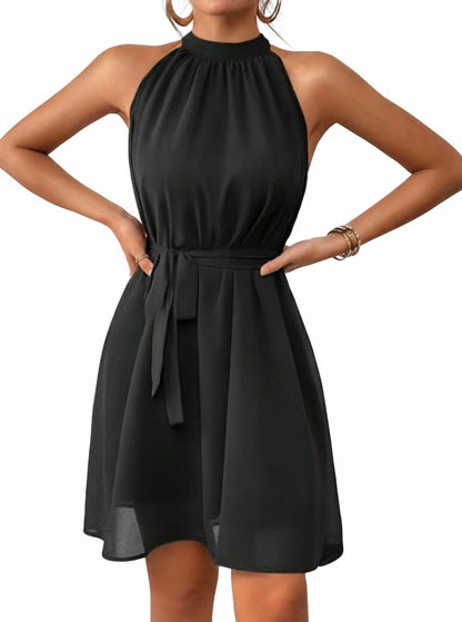 Femme Robe Courte Sans Manches col Halter avec Ceinture et Silhouette A-ligne