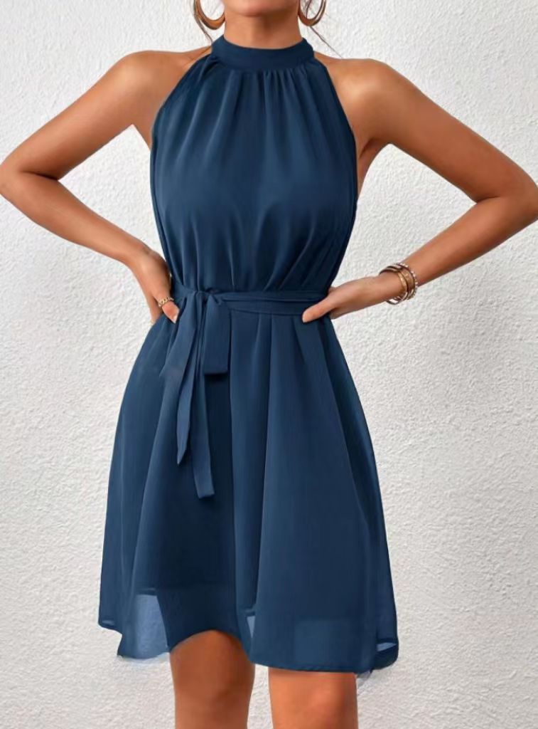 Femme Robe Courte Sans Manches col Halter avec Ceinture et Silhouette A-ligne