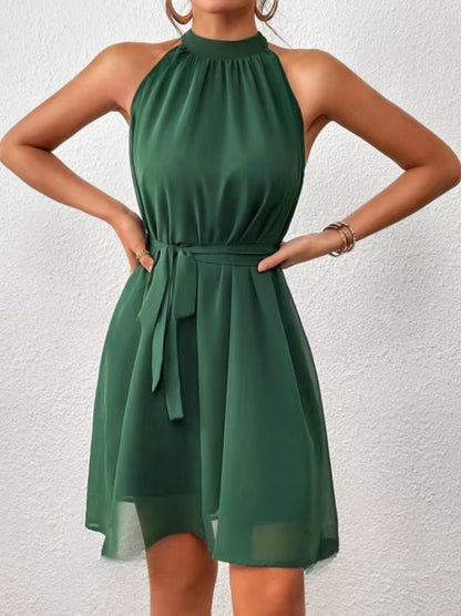 Femme Robe Courte Sans Manches col Halter avec Ceinture et Silhouette A-ligne
