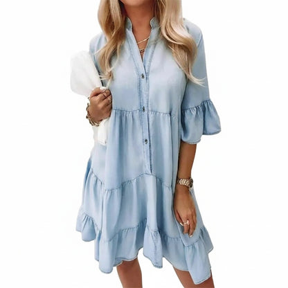 Femme Robe Courte Style Denim à Volants avec Col V et Boutons