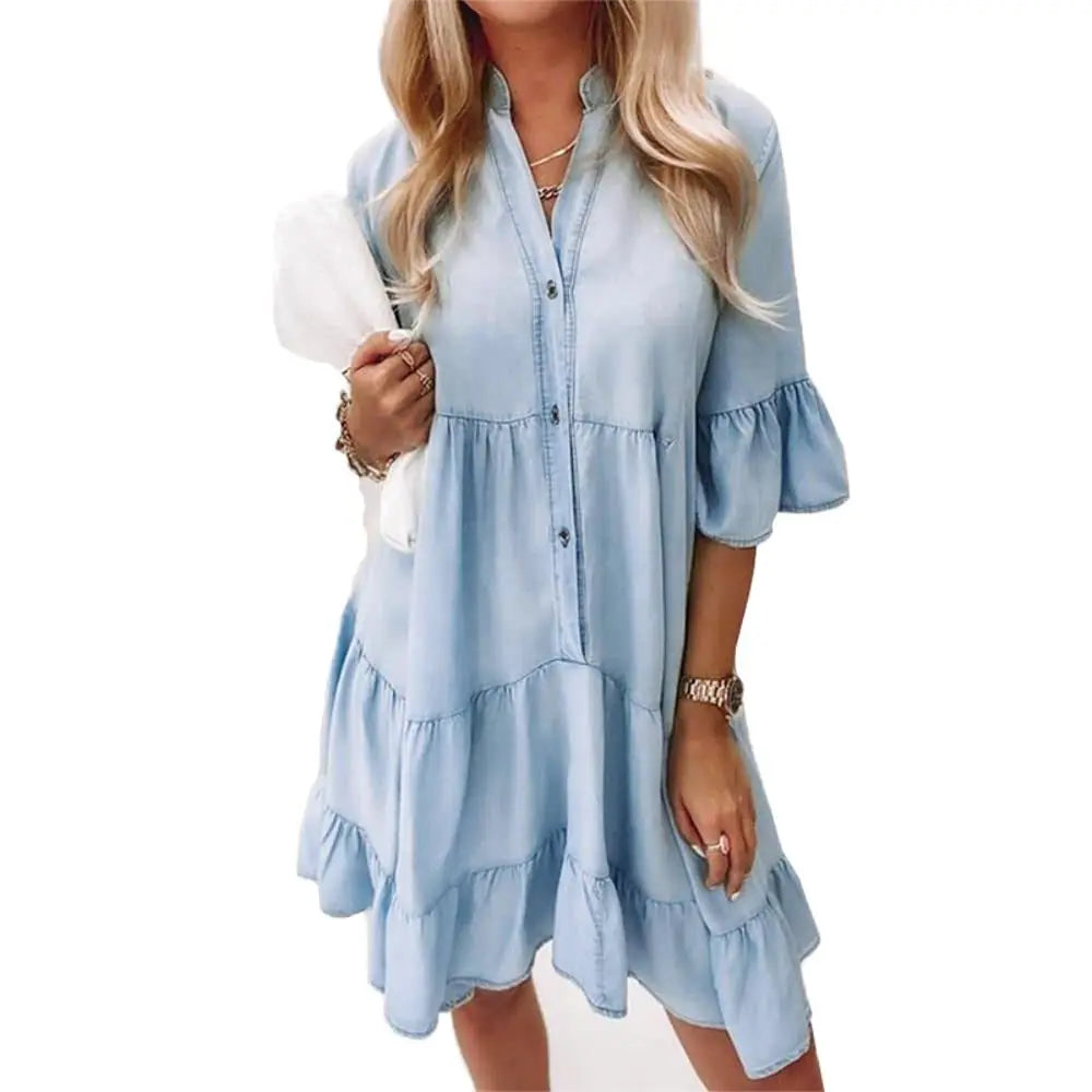 Femme Robe Courte Style Denim à Volants avec Col V et Boutons