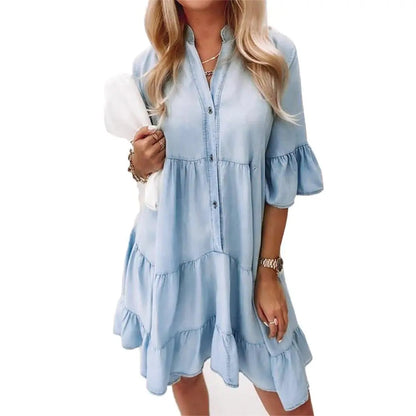 Femme Robe Courte Style Denim à Volants avec Col V et Boutons