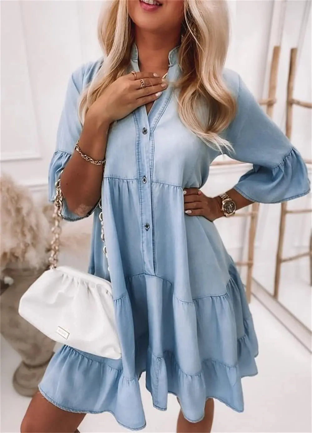 Femme Robe Courte Style Denim à Volants avec Col V et Boutons