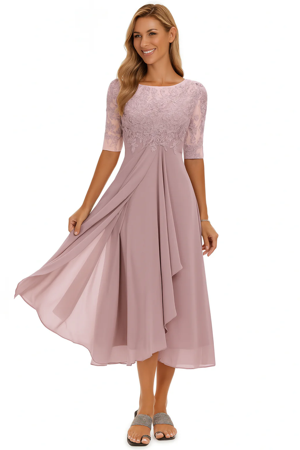 Femme Robe de Cérémonie Midi à Col Rond et Manches mi-longues en A-ligne