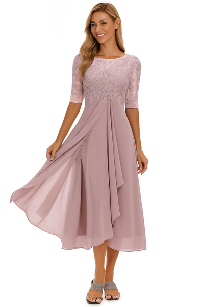Femme Robe de Cérémonie Midi à Col Rond et Manches mi-longues en A-ligne