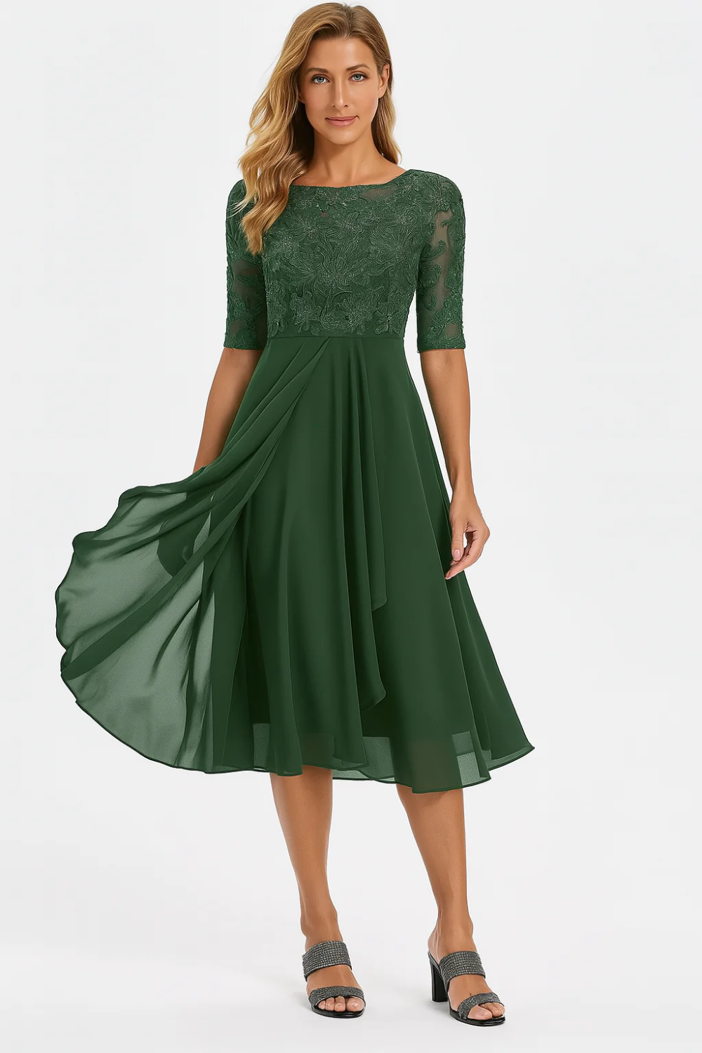 Femme Robe de Cérémonie Midi à Col Rond et Manches mi-longues en A-ligne